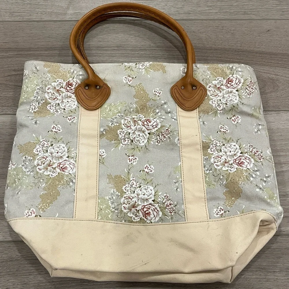 L.L. Bean Cream Floral Tote Bag Brown Handles